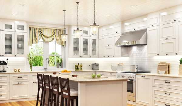 Bright White Cabinets & Large Wood Island